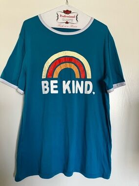 Be Kind Teal women’s Tee with Rainbow Graphic